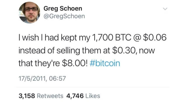 Greg's tweet regretting that he sold his Bitcoin for 30 cents
