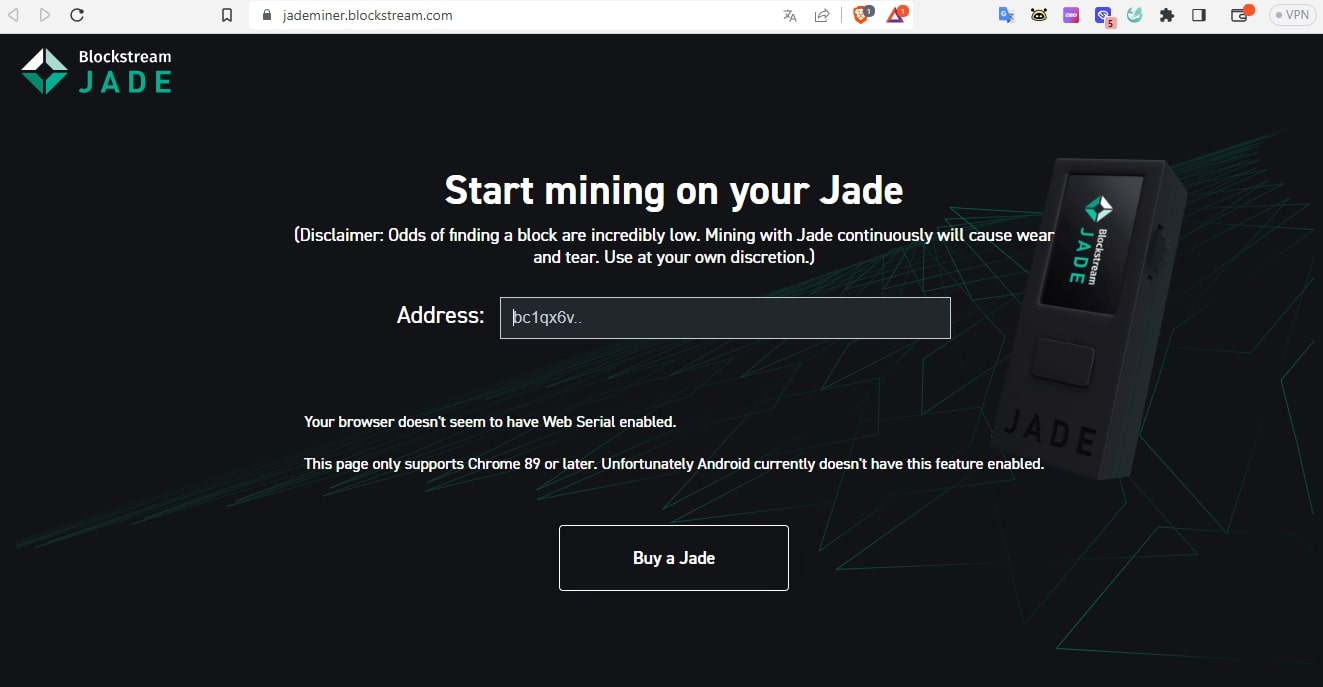 Start mining on your Jade Wallet