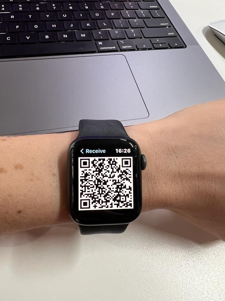 QR Code generated by Blue Wallet on an Apple Watch