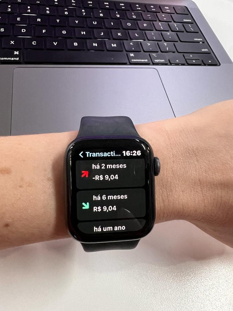 Transactions being shown through the Blue Wallet app on an Apple Watch