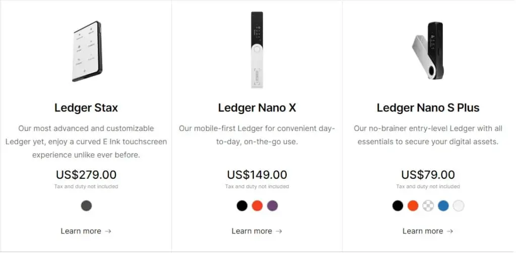 Price Ledger Stax, Ledger Nano X and Ledger Nano S Plus